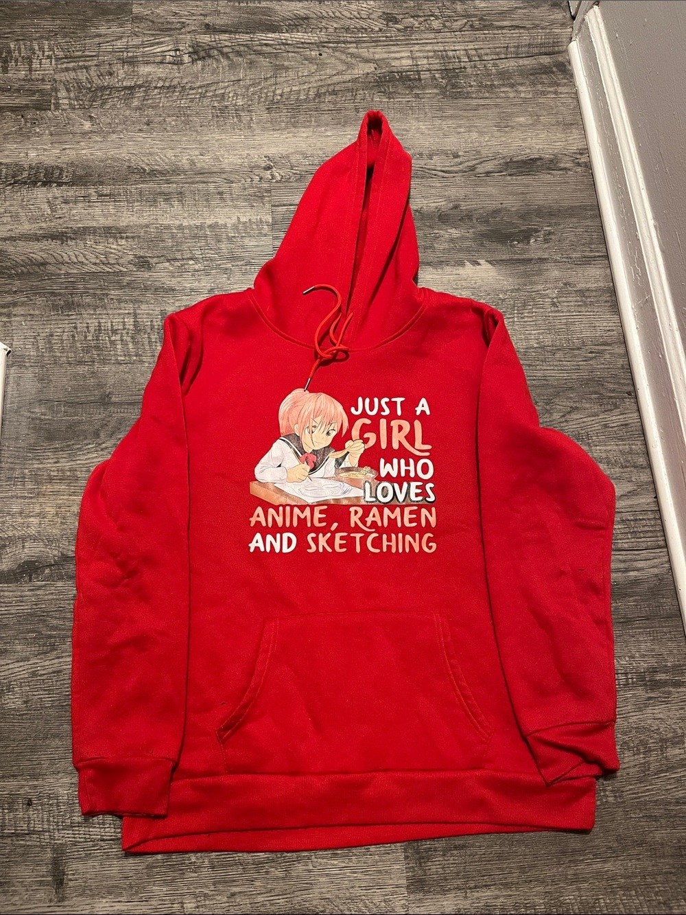 Red Graphic Hoodie - "Just a Girl Who Loves Anime, Ramen and Sketching"